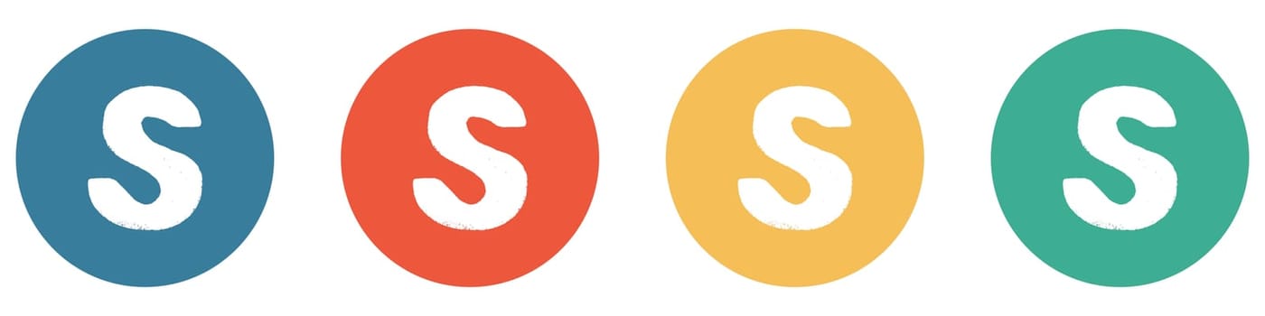 S - White grunge letter on 4 colorful buttons blue, red, orange, green - Lettering Banner