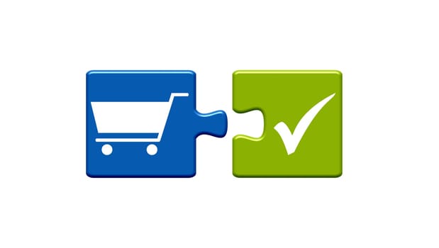 Two puzzle pieces blue and green with white icons showing Shop, Shopping Cart or Supermarket
