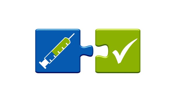 Two puzzle pieces blue and green with white icons showing vaccination, vaccinated or vaccine