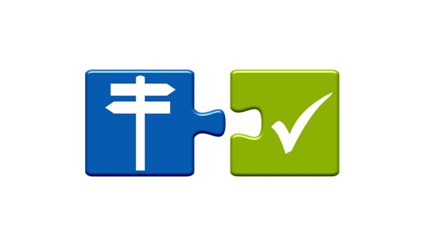 Two puzzle pieces blue and green with white icons showing Waywiser, Strategy or Orientation