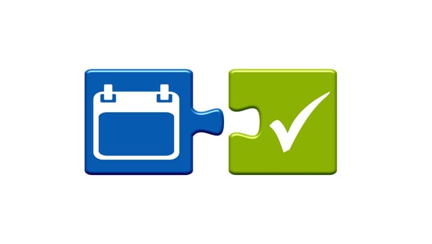Two puzzle pieces blue and green with white icons showing Calendar and Check mark