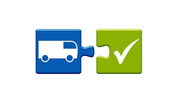 Two puzzle pieces blue and green with white icons showing Shipping or Transporter