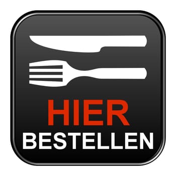 Black button with cutlery icon showing Order Here in german language