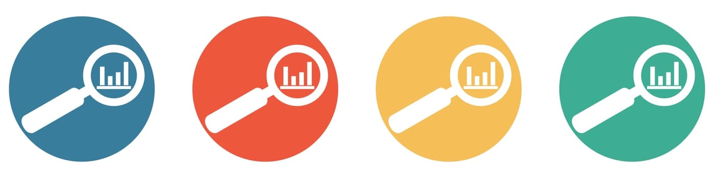 4 colorful Buttons blue, red, orange and green showing: Business data with magnify