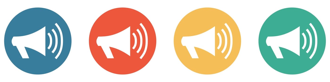 4 colorful Buttons blue, red, orange and green showing: Megaphone