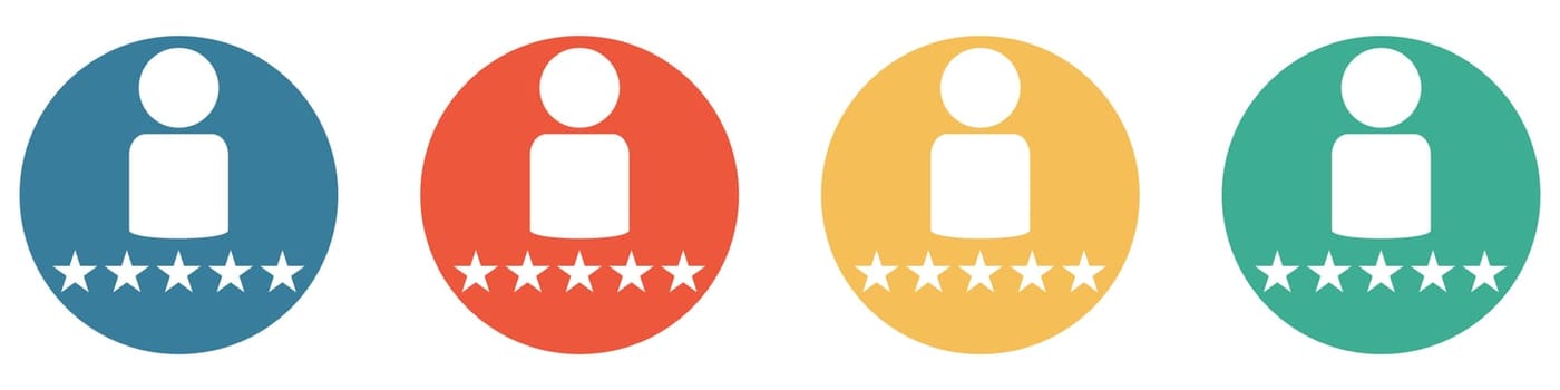 4 colorful Buttons blue, red, orange and green showing: Person and five stars