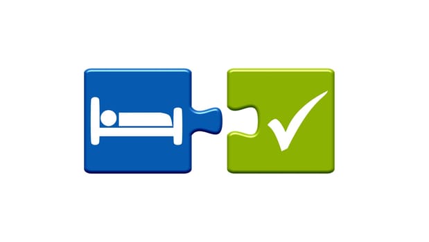 Two puzzle pieces blue and green with white icons showing Hotel, Cabin or Bed
