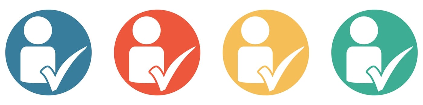 4 colorful Buttons blue, red, orange and green showing: Person and check mark
