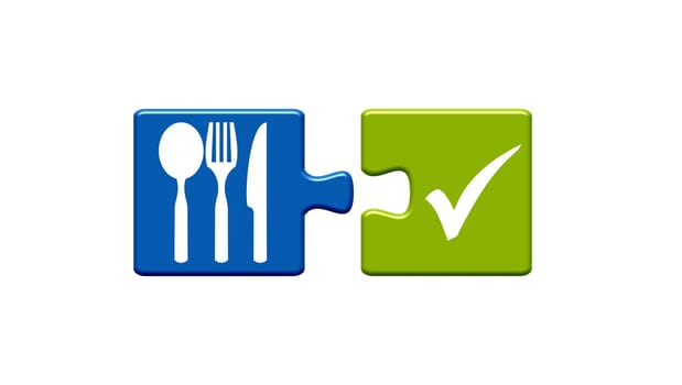 Two puzzle pieces blue and green with white icons showing Food, Restaurant or Cutlery