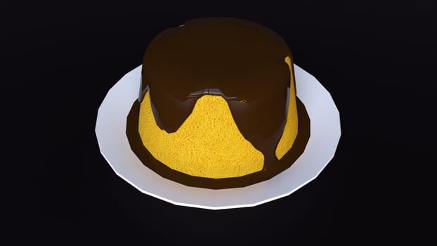 Sweet dessert poured with chocolate 3d render at festive party. Delicious confectionery decoration for birthdays and special occasions. Decorated biscuit with traditional design.