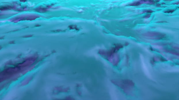 Dynamic foggy flow with wavy gradient 3d render on surface. Futuristic sea with digital tide and sprawling surf. Geometric clouds of coral clusters on water surface.