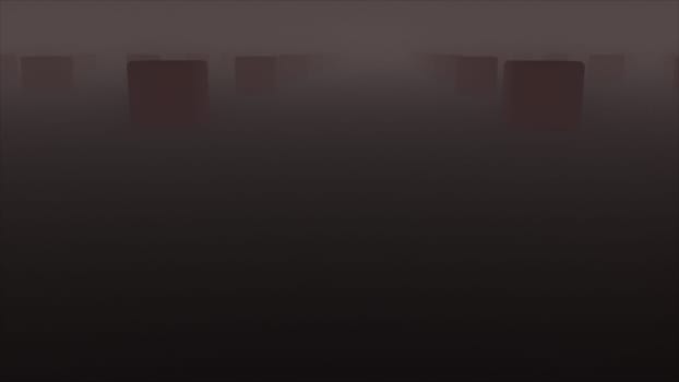 Geometric rows 3d render of squares in futuristic darkened composition. Mystical digital landscape with abstract quadrangular columns and glimpses of rays of sun.