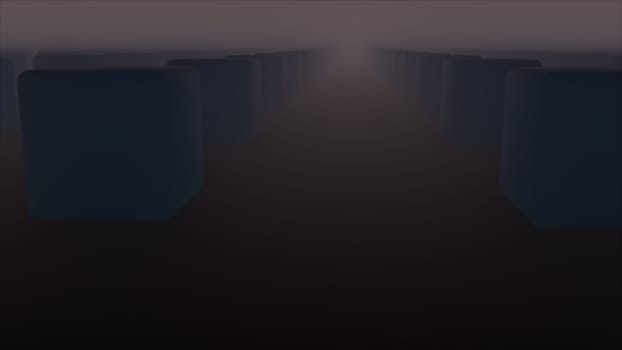 Geometric rows 3d render of squares in futuristic darkened composition. Mystical digital landscape with abstract quadrangular columns and glimpses of rays of sun.