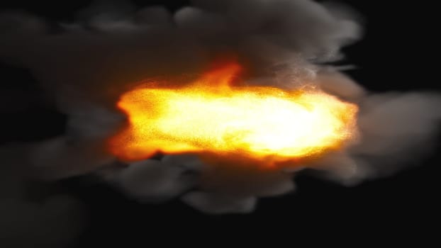 Bright flash with 3d render puffs of thick fog. Powerful explosion with spread of flame over surface. Burst of energy after failed thermal experiment. Visualization of shot from large caliber weapon.