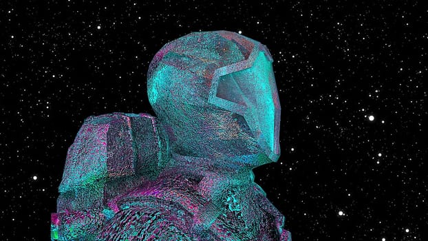 Figure in rusty 3d spacesuit hovers in starry space. Frozen fantasy silhouette of an ancient astronaut with iridescent reflections on frozen folds of metal and ice.