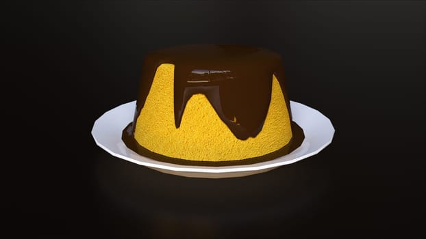 Sweet dessert poured with chocolate 3d render at festive party. Delicious confectionery decoration for birthdays and special occasions. Decorated biscuit with traditional design.
