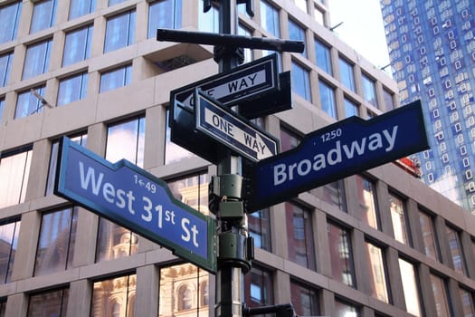 Blue West 31st Street and Broadway historic sign in Midtown Manhattan in New York City