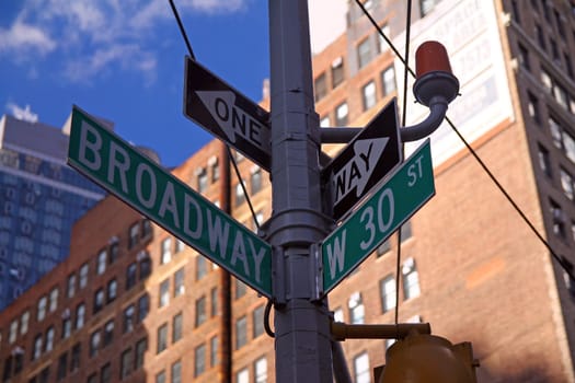 Green West 30th Street and Broadway historic sign in Midtown Manhattan in New York City