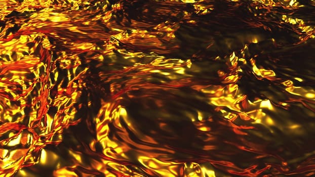 Dynamic bursts with 3d render with bright gradient and glow. Wavy textures on luxurious surface with golden highlights. Futuristic sea at dazzling blurred sunset.