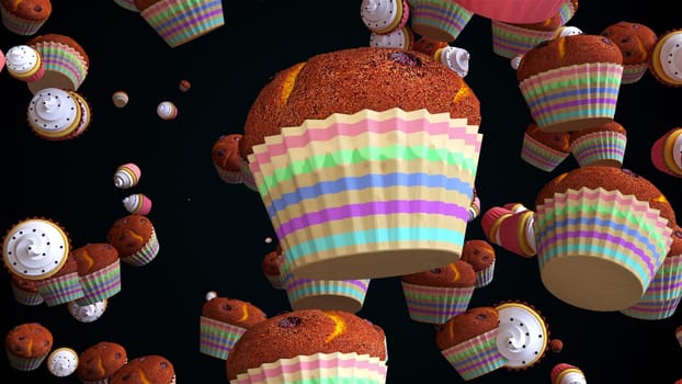 Confectionery with cream and biscuits 3d render swirling with slow rain of sweet and cheerful holiday. Joyful celebration with delicious desserts in bright glaze. Creative design of birthday.