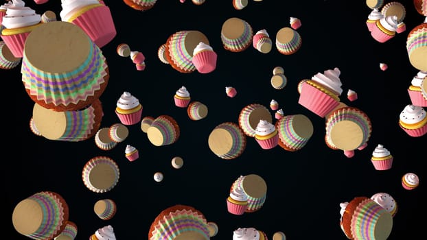 Confectionery with cream and biscuits 3d render swirling with slow rain of sweet and cheerful holiday. Joyful celebration with delicious desserts in bright glaze. Creative design of birthday.