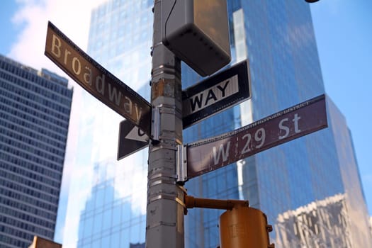 Brown West 29th Street and Broadway historic sign in Midtown Manhattan in New York City