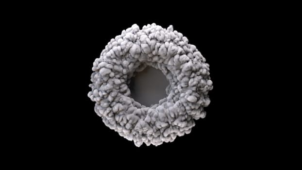 Round puffs of smoke with 3d render of diverging sound wave after powerful explosion. Epicenter of concentric rotation pulsation and geometric digital vibration.
