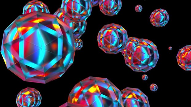 Balls enclosed in rhombic mesh 3d render sweep across surface. Holographic shapes with gradient reflection metallic and graphic gloss in spherical reflections.