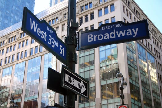 Blue West 33rd Street and Broadway historic sign in Midtown Manhattan in New York City