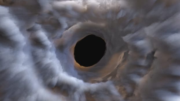 Atmospheric vortex with 3d render motion in swirling flow. Beginning hurricane with increasing clouds and dynamic movement. Digital natural tornado with strong swirl funnel and weather cyclone.