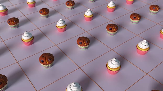Sweet and fragrant muffins standing in 3d render squares of surface. Cream and shortbread cookies for fun delicious holidays. Whipped icing on biscuit decoration.