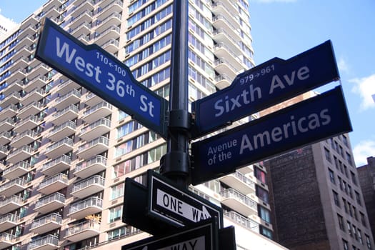Blue West 36th Street, Broadway and Avenue of the Americas 6th historic sign in Midtown Manhattan in New York City