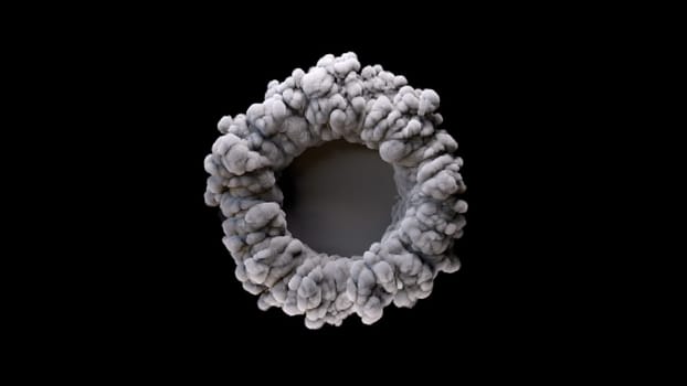 Round puffs of smoke with 3d render of diverging sound wave after powerful explosion. Epicenter of concentric rotation pulsation and geometric digital vibration.