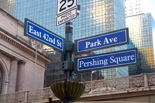 Blue East 42nd Street and Park Ave historic sign ( Pershing Square ) in midtown Manhattan in New York