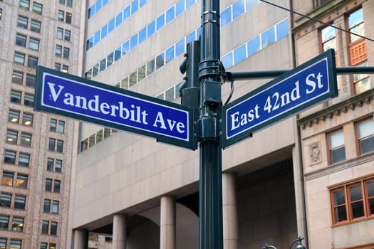 Blue East 42nd Street and Vanderbilt Avenue historic sign in midtown Manhattan in New York