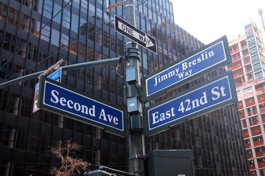 Blue East 42nd Street and Second Ave historic sign ( Jimmy Breslin Way ) in midtown Manhattan in New York