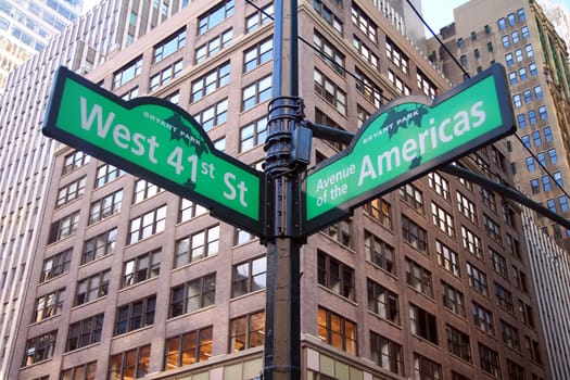 Green West 41st Street and Avenue of the Americas 6th Bryant Park traditional sign in Midtown Manhattan in New York City