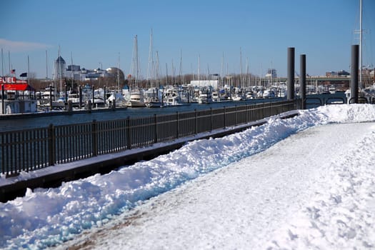 The path in the snow on the Morris Channel Basin Walkaway in Jersey City