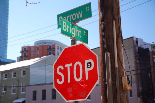 Green Barrow Street and Bright Street historic sign in downtown Jersey City