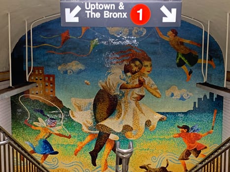 Spectacular colored mosaic on a subway station of the 1 line in Manhattan in New York City