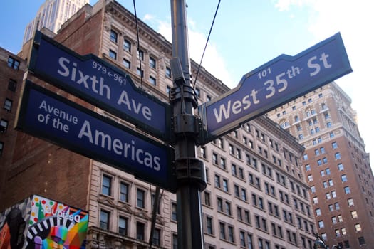 Blue West 35th Street, Broadway and Avenue of the Americas 6th historic sign in Midtown Manhattan in New York City