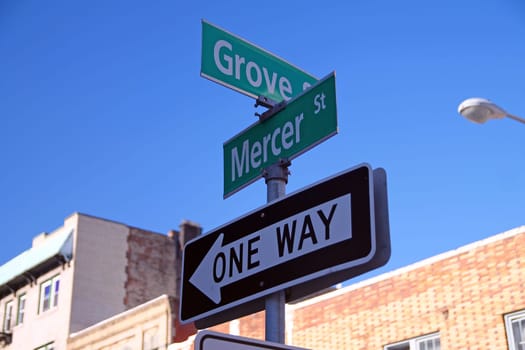 Green Grove Street and Mercer Street historic sign in downtown Jersey City
