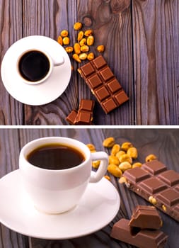 The mug of coffee and chocolate with nuts on a wooden surface
