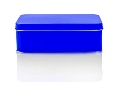 The Closed Empty blue metal box close-up isolated on white background