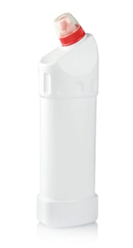 The Universal cleanser. Photography of white plastic bottle with liquid laundry detergent, cleaning agent, bleach or fabric softener - isolated on white background