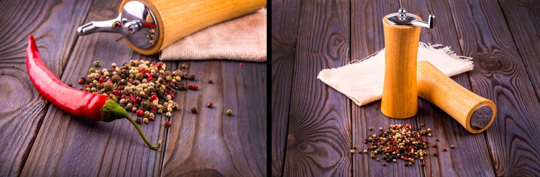 The Set of Black pepper corns, red hot chili pepper and Black pepper Powder on wooden background