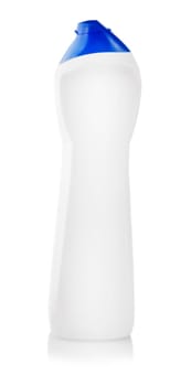 The Universal cleanser. Photography of white plastic bottle with liquid laundry detergent, cleaning agent, bleach or fabric softener - isolated on white background