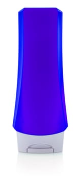 The blue plastic bottle with male shampoo carved on a white background