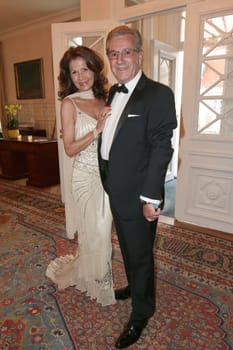 Jan Hofer and life-saving woman Conny Modauer,awarding of the Champagne Prize for Joie de vivre at the Hotel Louis C. Jacob,Hamburg,27.04.2015