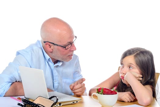 dad is angry with his daughter on white